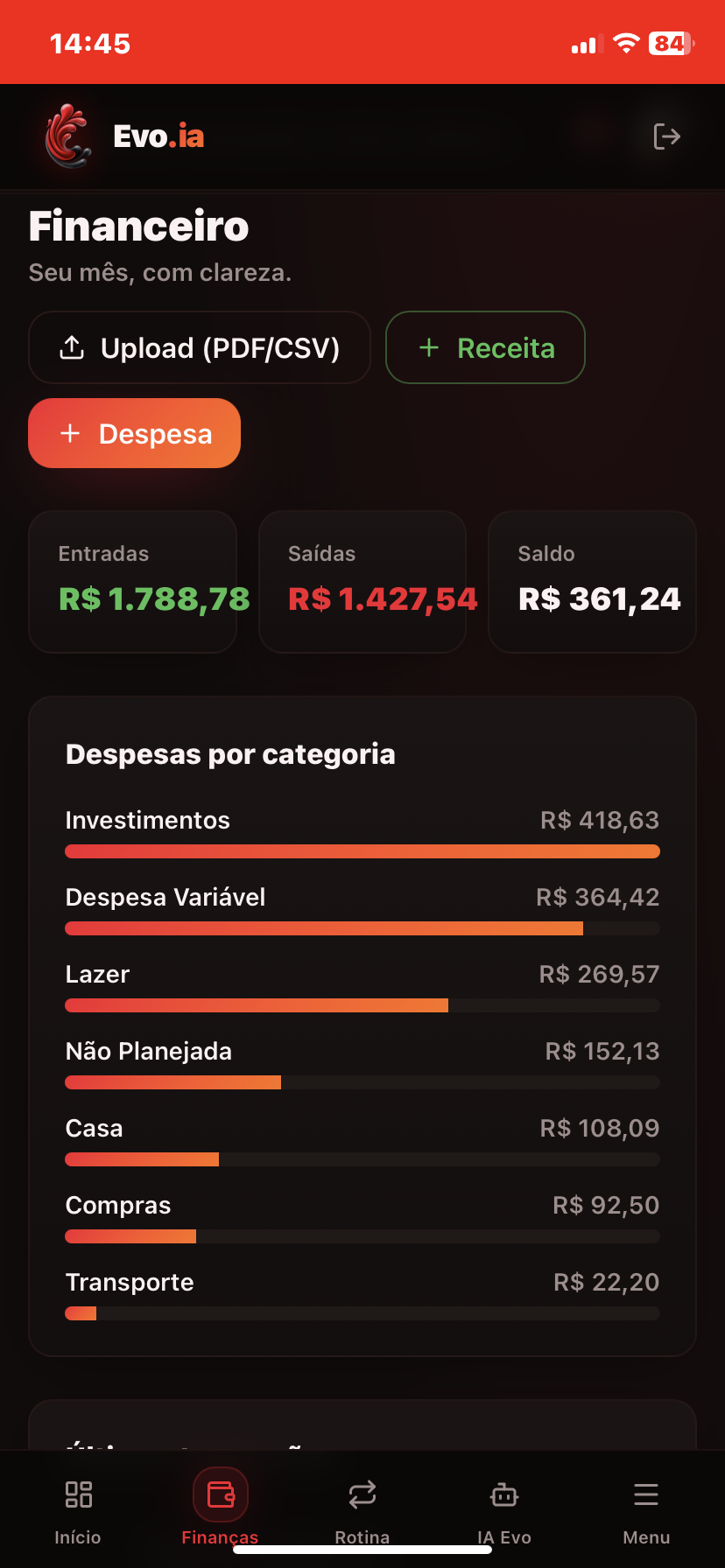 Tela Financeiro do app Evo.ia