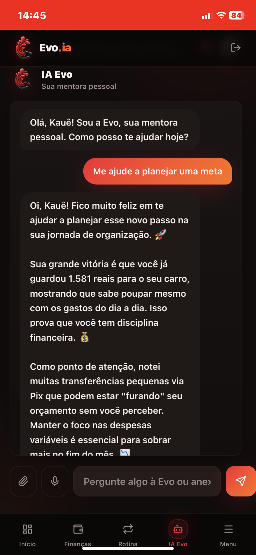 Tela da IA Evo do app Evo.ia